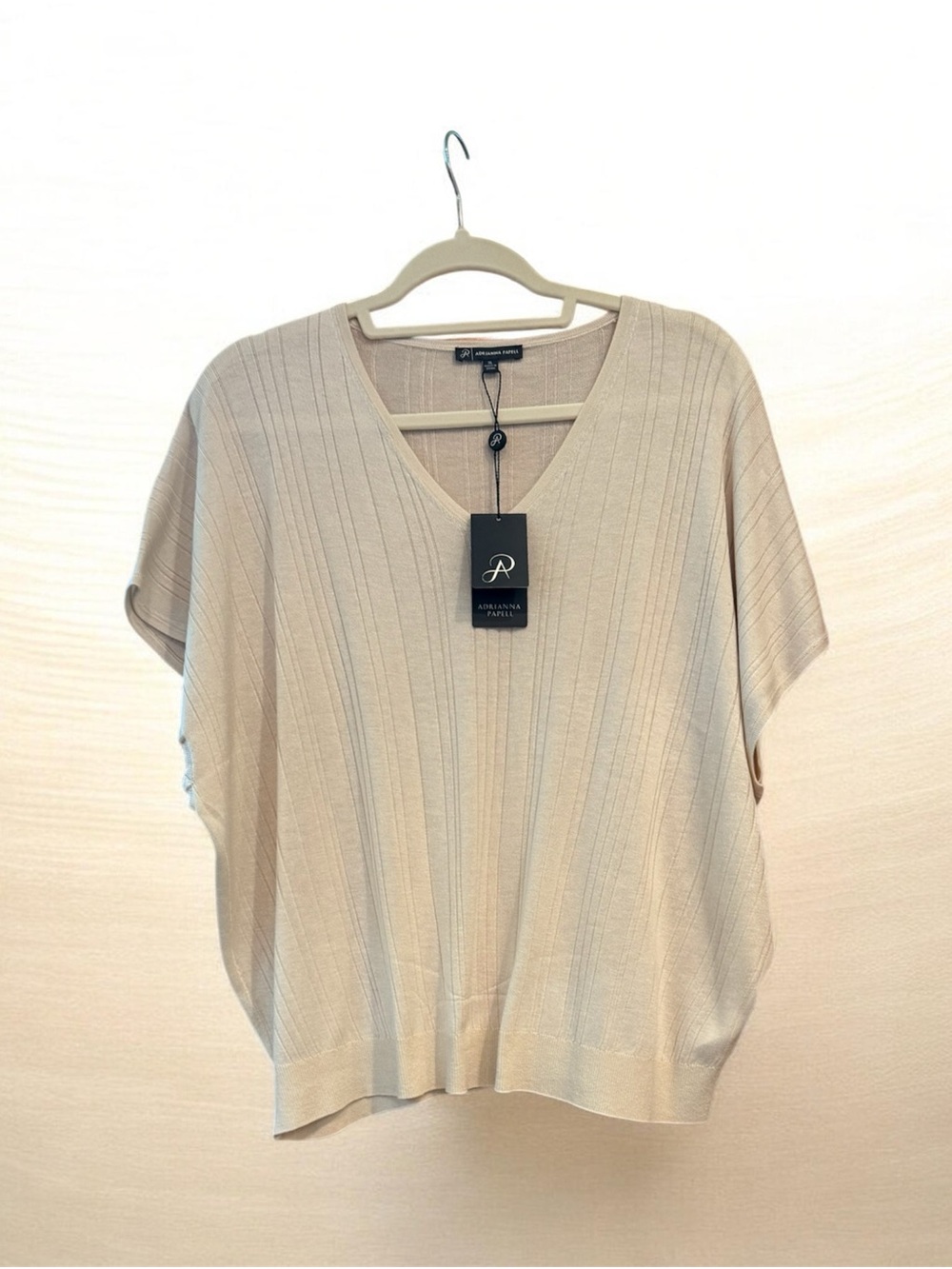 Adrianna  Papell  V-Neck Ribbed Knit Top - Beige nwt
